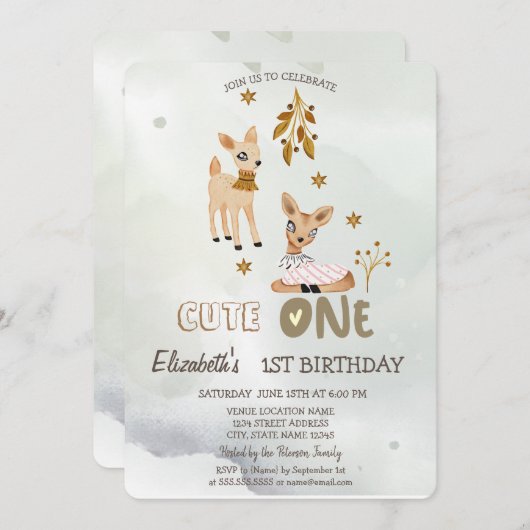 Aquarelle Bébé Cerf Vert 1ère invitation (Devant / Derrière)