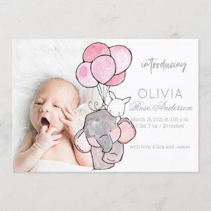 Aquarelle bébé éléphant fille Faire-part de naissa