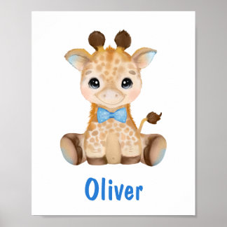 Aquarelle Bébé Giraffe Bleu Garçon Poster