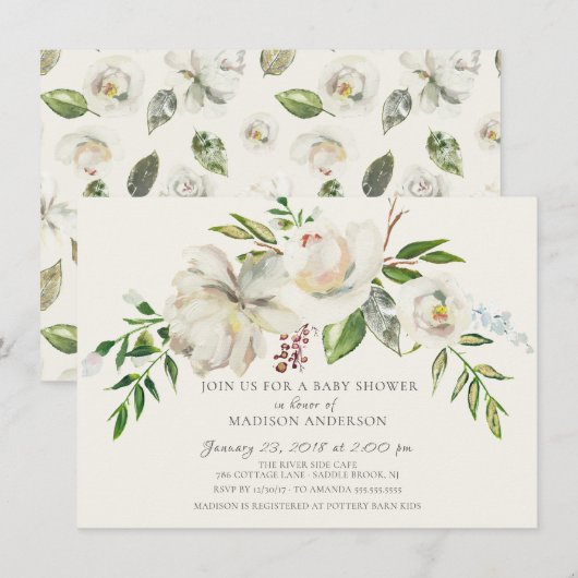 Aquarelle blanc Baby shower floral Invitation (Devant / Derrière)