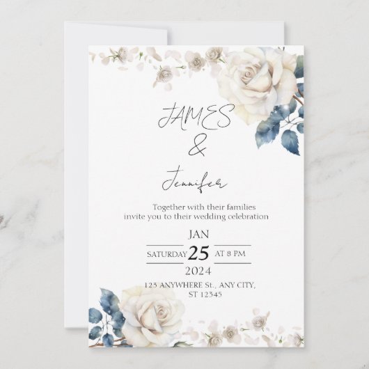aquarelle blanc fleurs invitations de mariage (Devant)