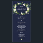 Aquarelle Blanc Floral Bleu foncé Menu Mariage<br><div class="desc">Design unique et élégant de carte avec aquarelle peinte de roses blanches et pivoines sur un riche arrière - plan bleu foncé. Une combinaison tendance : blanc (fleurs et écriture) et bleu foncé ! Sur le dos : flèches au bouquet floral blanc. Utilisez l'outil Personnaliser pour ajouter vos informations, modifier...</div>