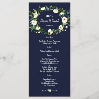 Aquarelle Blanc Floral Bleu foncé Menu Mariage