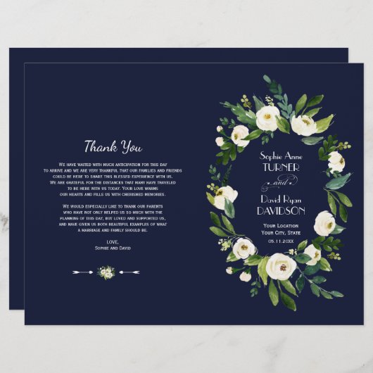 Aquarelle blanc Floral bleu foncé Programme de mar (Devant / Derrière)