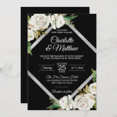 Aquarelle Blanc noir Faire-part de mariage Floral (Devant / Derrière)