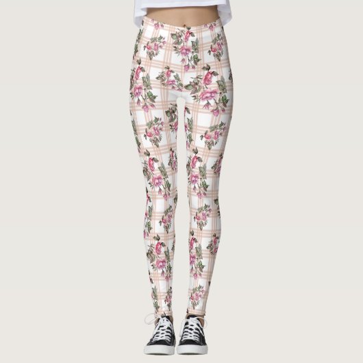Aquarelle blanche/Rose Plaid Leggings femmes (Devant)