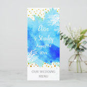 Aquarelle bleu Aqua, carte de menu mariage récif c (Debout devant)