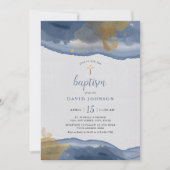 Aquarelle bleu | Baptême Gold Boys Invitation (Devant)