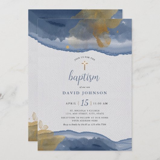 Aquarelle bleu | Baptême Gold Boys Invitation (Devant / Derrière)