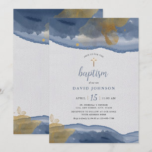 Aquarelle bleu   Baptême Gold Boys Invitation