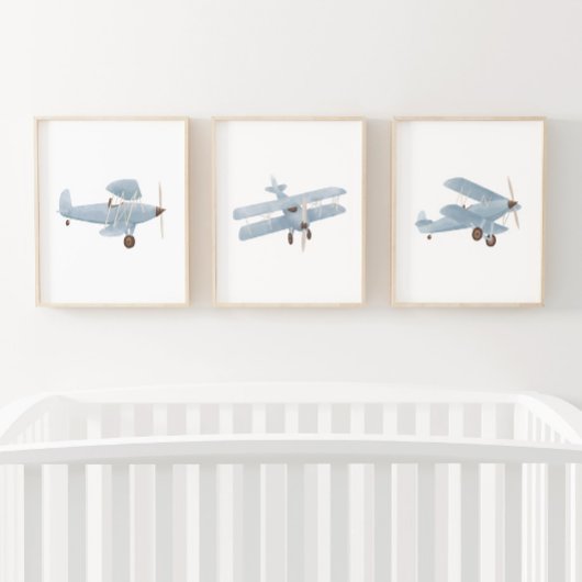 Aquarelle bleu Biplane Boy Travel Nurseror Décor