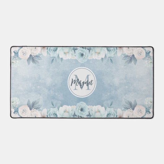 Aquarelle bleu blanc monogramme floral | Nom (Recto)