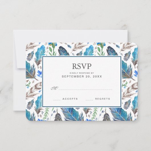Aquarelle bleu Boho Aztec - Mariage RSVP (Devant)