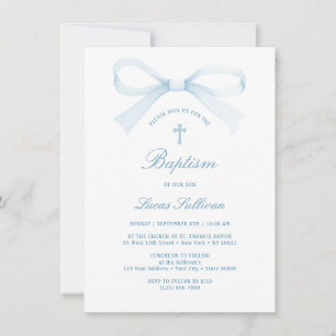 Aquarelle bleu Bow Baptême Invitation