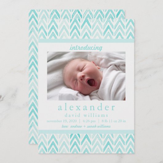 Aquarelle Bleu Chevron Faire-part de naissance béb (Devant / Derrière)