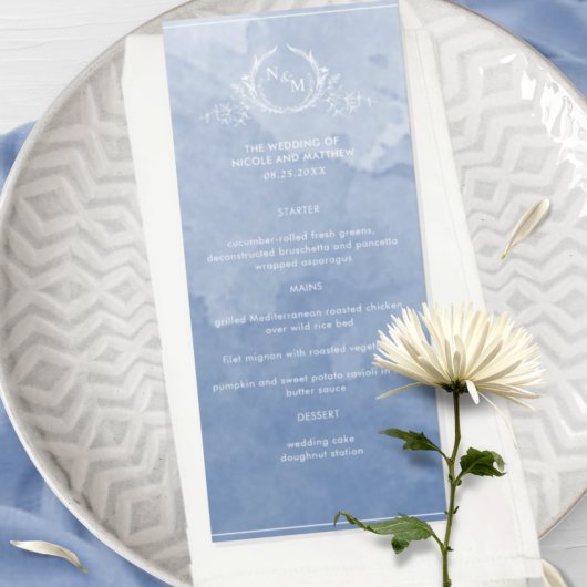 Aquarelle Bleu Chic Dusty, Menu Mariage Monogramme