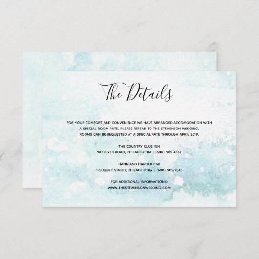 Aquarelle bleu clair détails mariage insérer carte (Devant / Derrière)