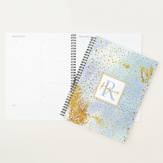 Aquarelle bleu clair et monogramme de confetti or (Devant avec enveloppe)