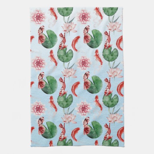 Aquarelle Bleu clair Koi Poisson Pond Serviette de (Vertical)