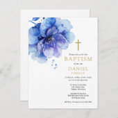 Aquarelle bleu Dusty Floral Baptism Invitation (Devant / Derrière)