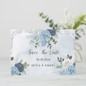 Aquarelle Bleu Dusty Floral Enregistrer Les Cartes (Debout devant)