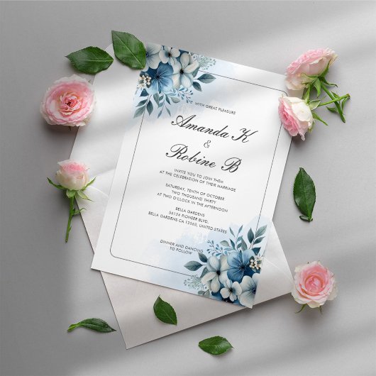 Aquarelle bleu Dusty Floral Faire-part de mariage