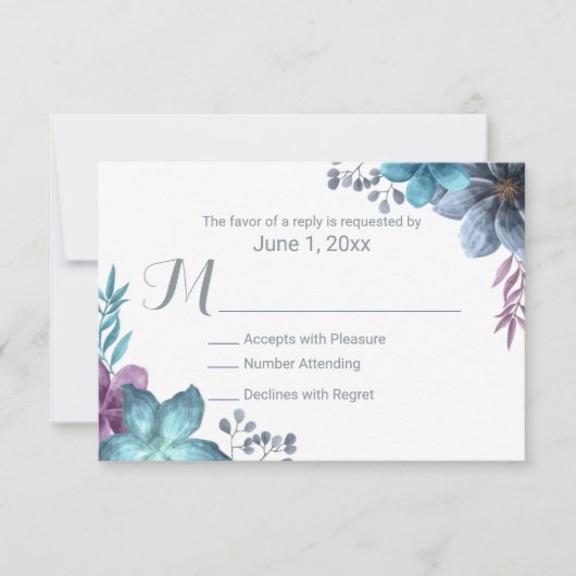 Aquarelle bleu Dusty Mariage floral RSVP (Devant)