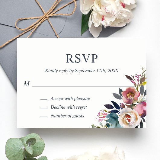 Aquarelle bleu Dusty Mauve Floral RSVP Mariage