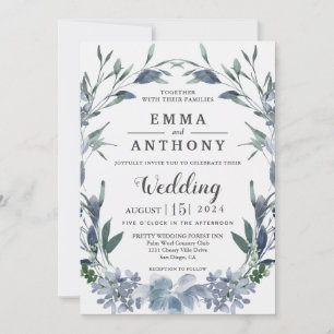 Aquarelle Bleu Élégant Faire-part de mariage Flora