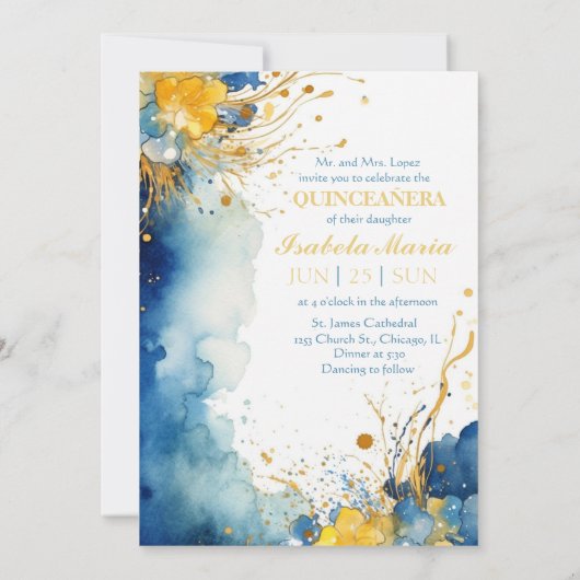 Aquarelle bleu et jaune Quinceanera Invitation (Dos)