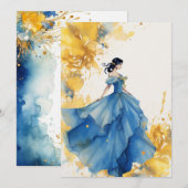Aquarelle bleu et jaune Quinceanera Invitation (Devant / Derrière)