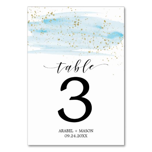 Aquarelle bleu et or Mariage numéro de table (Dos)
