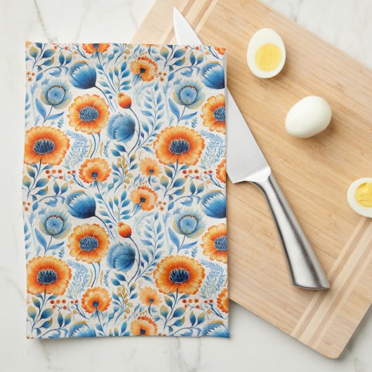 Aquarelle Bleu et Orange Floral Serviette de cuisi (Quart Plié)