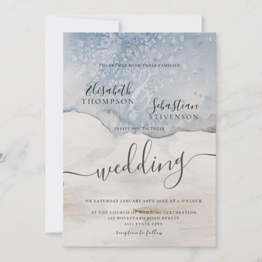 Aquarelle Bleu Faire-part de mariage moderne (Devant)