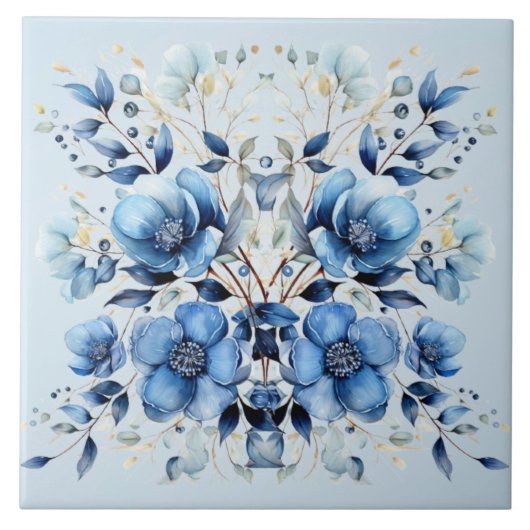 Aquarelle Bleu Fleurs Carreaux en céramique (Devant)