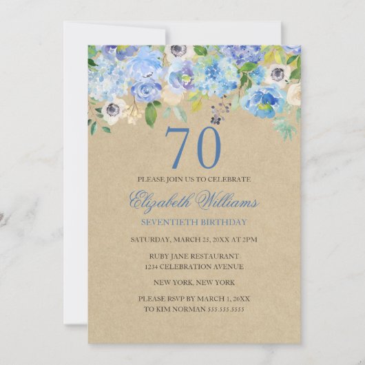 Aquarelle bleu Floral 70e anniversaire Invitation (Devant)