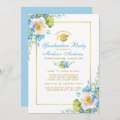 Aquarelle Bleu Floral Gold Grad Party Invitation B (Devant / Derrière)