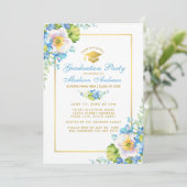 Aquarelle Bleu Floral Gold Grad Party Invitation S (Debout devant)