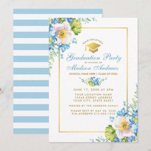 Aquarelle Bleu Floral Gold Grad Party Invitation S (Devant / Derrière)