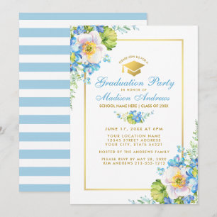 Aquarelle Bleu Floral Gold Grad Party Invitation S