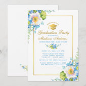 Aquarelle bleu Floral Grad Party Invitation or (Devant / Derrière)