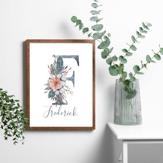 Aquarelle bleu Floral Monogramme Nom Poster