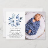 aquarelle bleu floraux Baptême photo invitation (Devant)