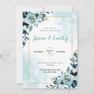Aquarelle bleu flore élégante invitation de mariag