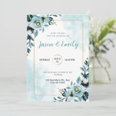 Aquarelle bleu flore élégante invitation de mariag (Debout devant)