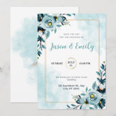Aquarelle bleu flore élégante invitation de mariag (Devant / Derrière)