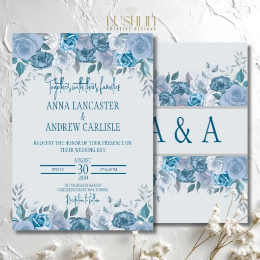 Aquarelle bleu foncé Faire-part de mariage florale