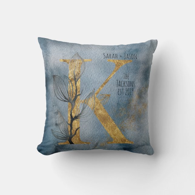 Aquarelle Bleu Gris Or K Monogramme Oreiller (Recto)