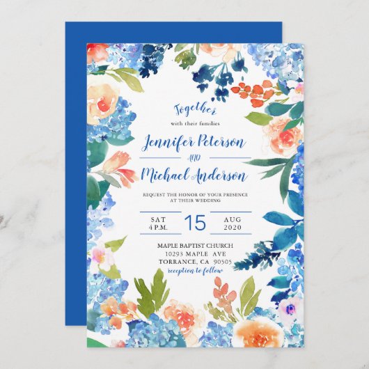 Aquarelle bleu Hydrangea Faire-part de mariage (Devant / Derrière)