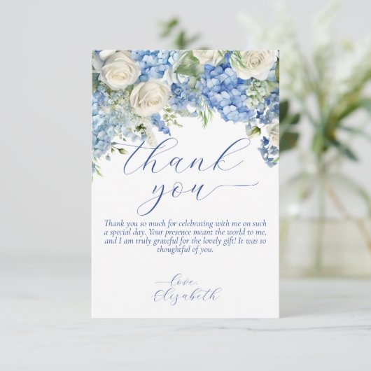 Aquarelle bleu Hydrangea Script Carte de remerciem (Debout devant)
